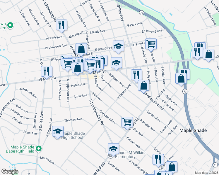 map of restaurants, bars, coffee shops, grocery stores, and more near 110 Spruce Avenue in Maple Shade