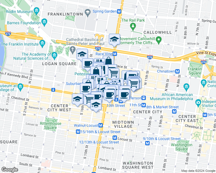 map of restaurants, bars, coffee shops, grocery stores, and more near 52 North Broad Street in Philadelphia