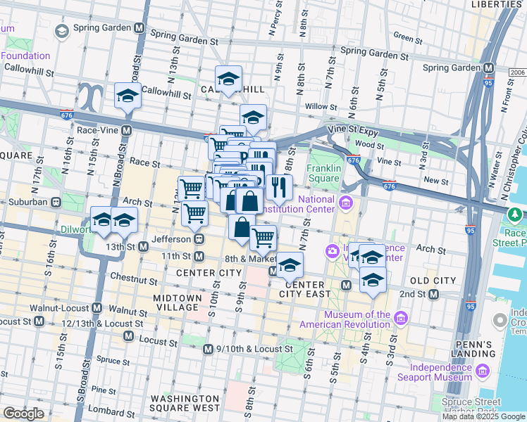 map of restaurants, bars, coffee shops, grocery stores, and more near 117 North 9th Street in Philadelphia
