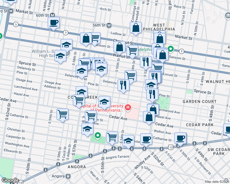 map of restaurants, bars, coffee shops, grocery stores, and more near 5500 Pine Street in Philadelphia