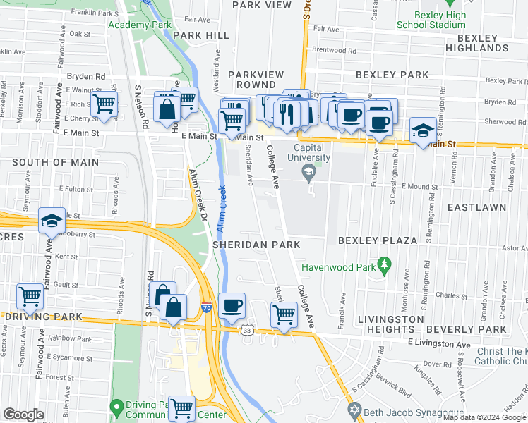 map of restaurants, bars, coffee shops, grocery stores, and more near 716 Sheridan Avenue in Bexley