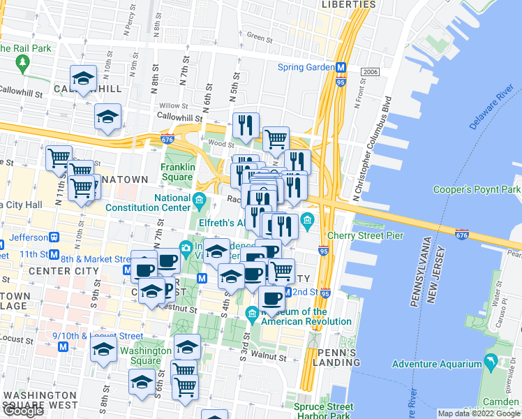 map of restaurants, bars, coffee shops, grocery stores, and more near 302 Race Street in Philadelphia