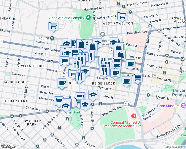 map of restaurants, bars, coffee shops, grocery stores, and more near 212 South 42nd Street in Philadelphia