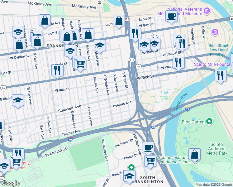 map of restaurants, bars, coffee shops, grocery stores, and more near 285 South Davis Avenue in Columbus