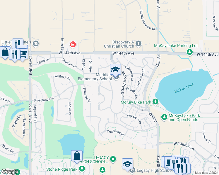 map of restaurants, bars, coffee shops, grocery stores, and more near 14009 McKay Park Circle in Broomfield