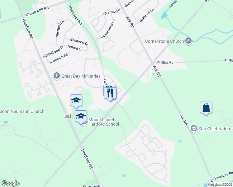 map of restaurants, bars, coffee shops, grocery stores, and more near 1201A Ralston Drive in Mount Laurel Township