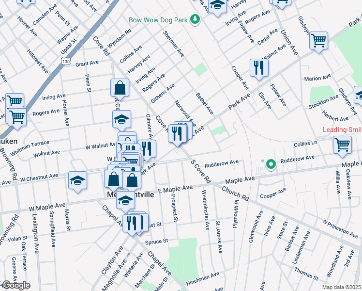 map of restaurants, bars, coffee shops, grocery stores, and more near 6528 Park Avenue in Pennsauken Township