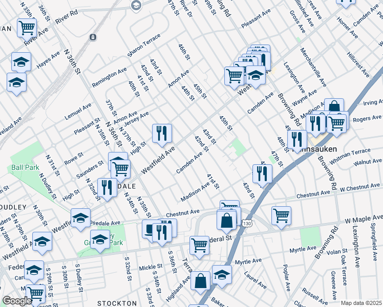 map of restaurants, bars, coffee shops, grocery stores, and more near 4105 Camden Avenue in Pennsauken Township