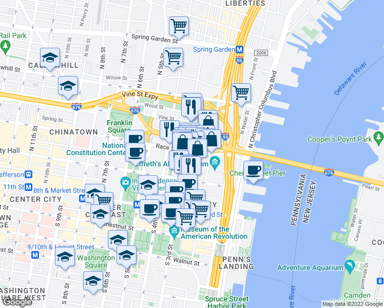 map of restaurants, bars, coffee shops, grocery stores, and more near 225 Race Street in Philadelphia
