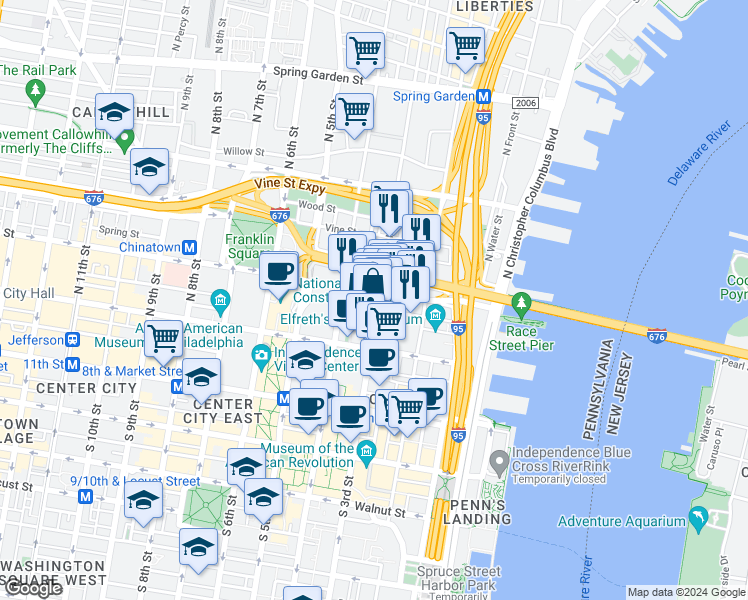 map of restaurants, bars, coffee shops, grocery stores, and more near 312 Race Street in Philadelphia
