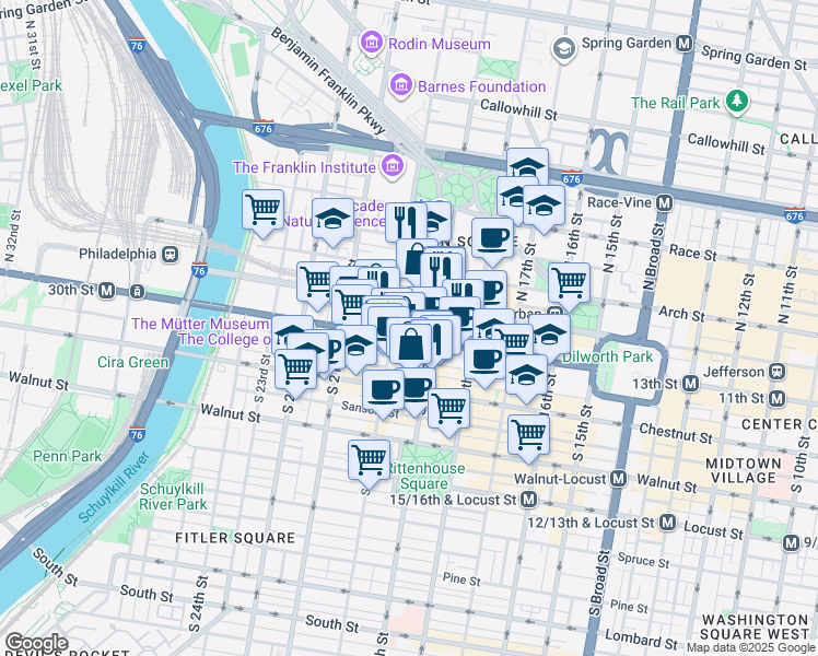 map of restaurants, bars, coffee shops, grocery stores, and more near 1900 Market Street in Philadelphia