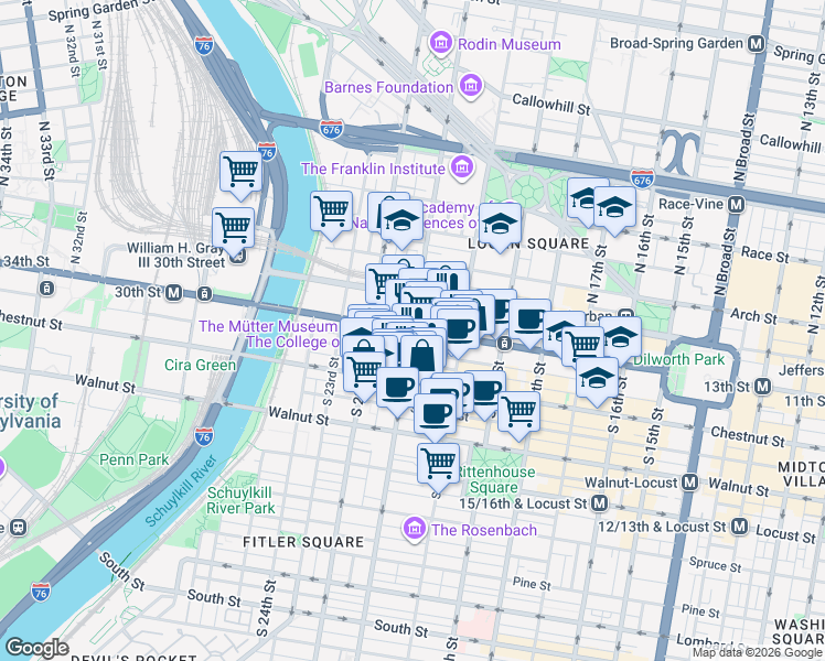 map of restaurants, bars, coffee shops, grocery stores, and more near Market Street & North 21st Street in Philadelphia