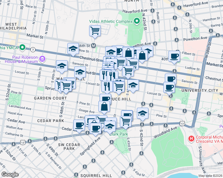 map of restaurants, bars, coffee shops, grocery stores, and more near 4426 Locust Street in Philadelphia