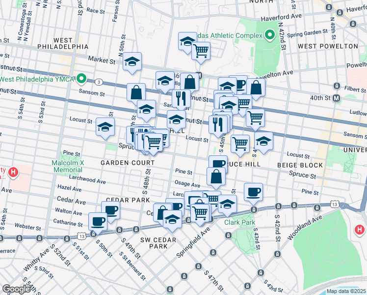 map of restaurants, bars, coffee shops, grocery stores, and more near 243 South 47th Street in Philadelphia
