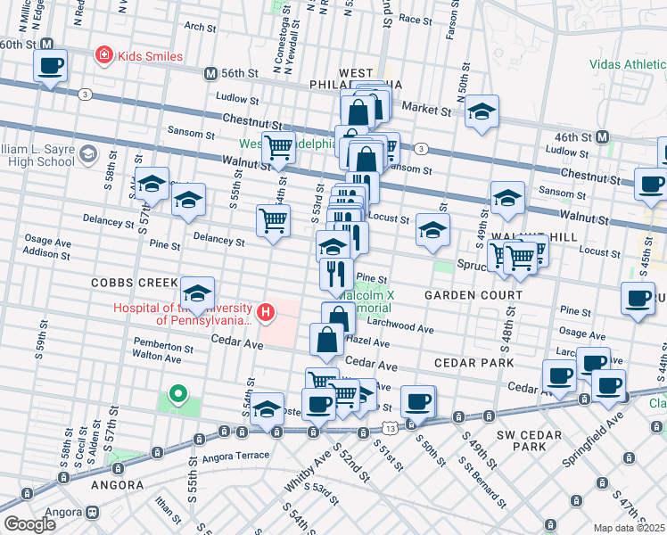 map of restaurants, bars, coffee shops, grocery stores, and more near 5223 Pine Street in Philadelphia