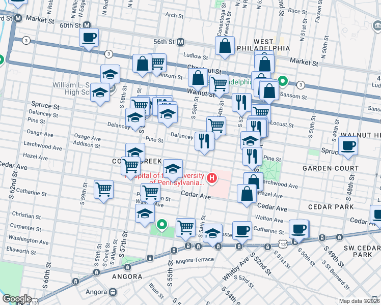 map of restaurants, bars, coffee shops, grocery stores, and more near 5500 Pine Street in Philadelphia