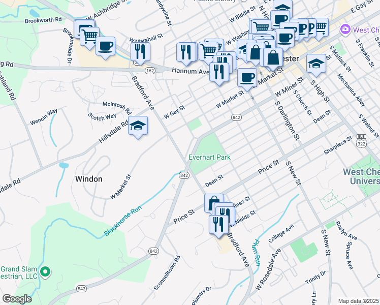 map of restaurants, bars, coffee shops, grocery stores, and more near 611 West Miner Street in West Chester