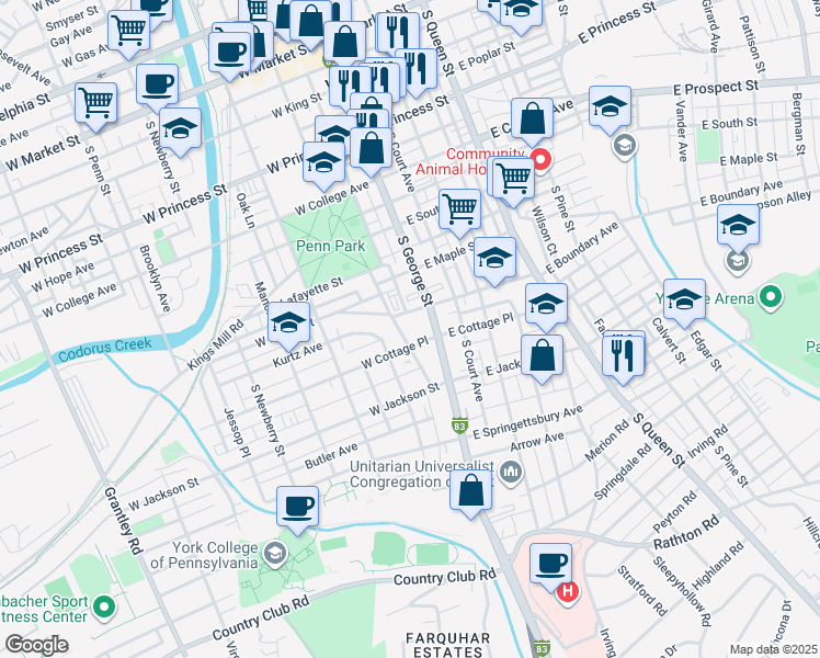 map of restaurants, bars, coffee shops, grocery stores, and more near 608 Cleveland Avenue in York