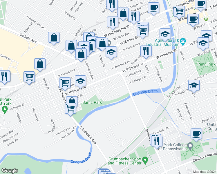 map of restaurants, bars, coffee shops, grocery stores, and more near 601 West College Avenue in York
