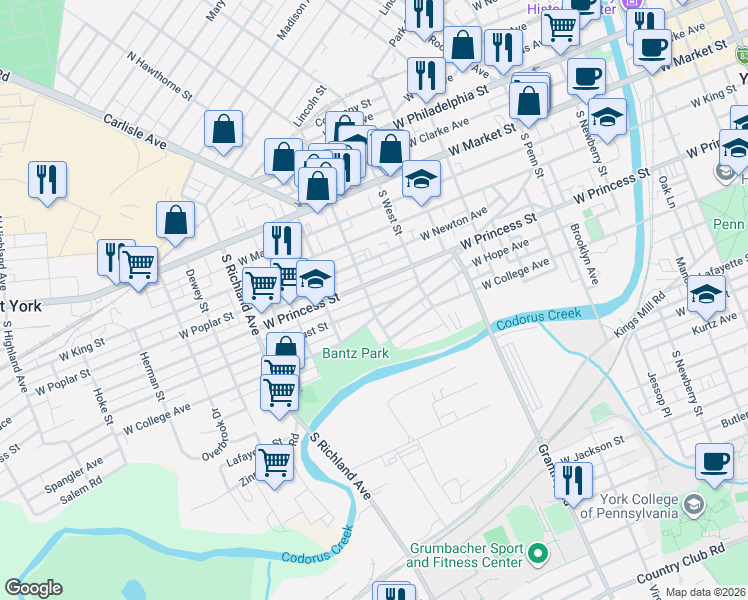 map of restaurants, bars, coffee shops, grocery stores, and more near 655 West Locust Street in York