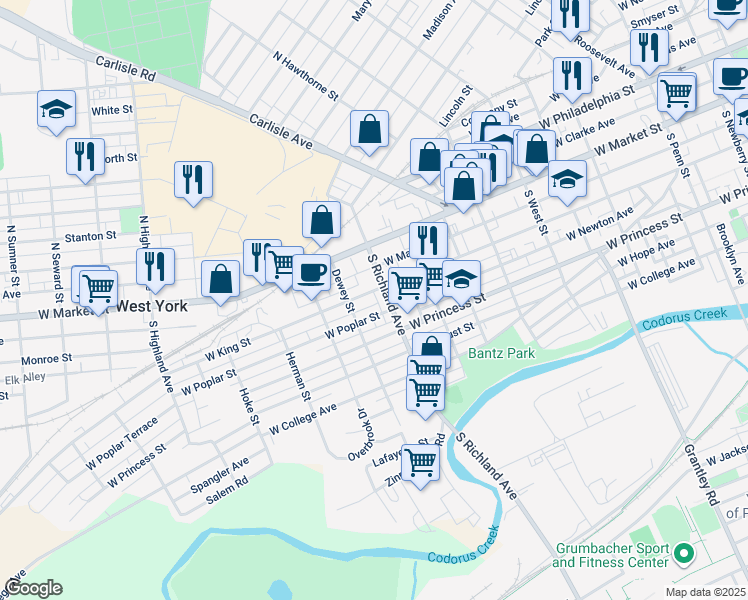 map of restaurants, bars, coffee shops, grocery stores, and more near 105 South Richland Avenue in York