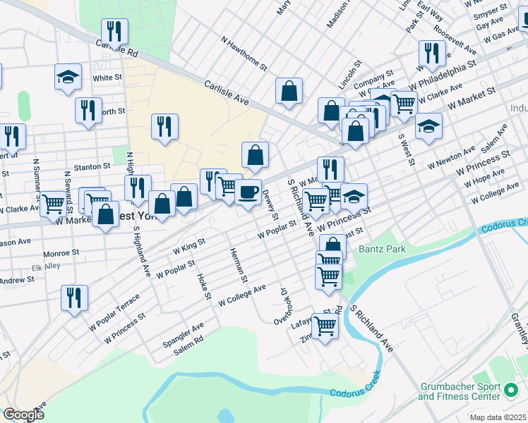 map of restaurants, bars, coffee shops, grocery stores, and more near 25 Overbrook Avenue in West York