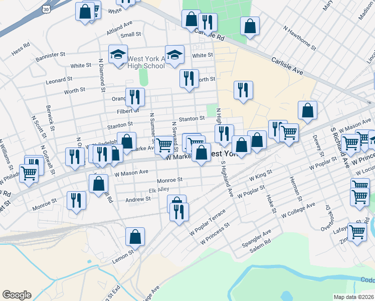 map of restaurants, bars, coffee shops, grocery stores, and more near 1551 West Market Street in West York
