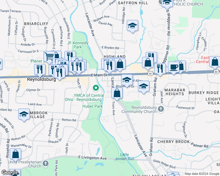 map of restaurants, bars, coffee shops, grocery stores, and more near 1456 Lancaster Avenue in Reynoldsburg