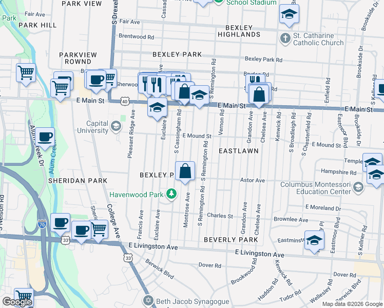 map of restaurants, bars, coffee shops, grocery stores, and more near 761 South Remington Road in Columbus