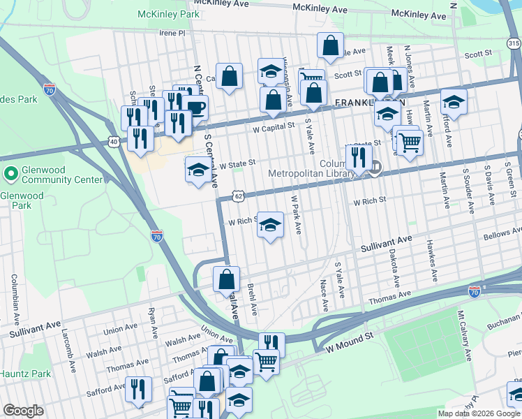 map of restaurants, bars, coffee shops, grocery stores, and more near 189 Dana Avenue in Columbus