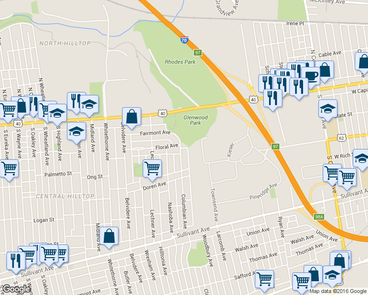 map of restaurants, bars, coffee shops, grocery stores, and more near 1889 Fairmont Avenue in Columbus