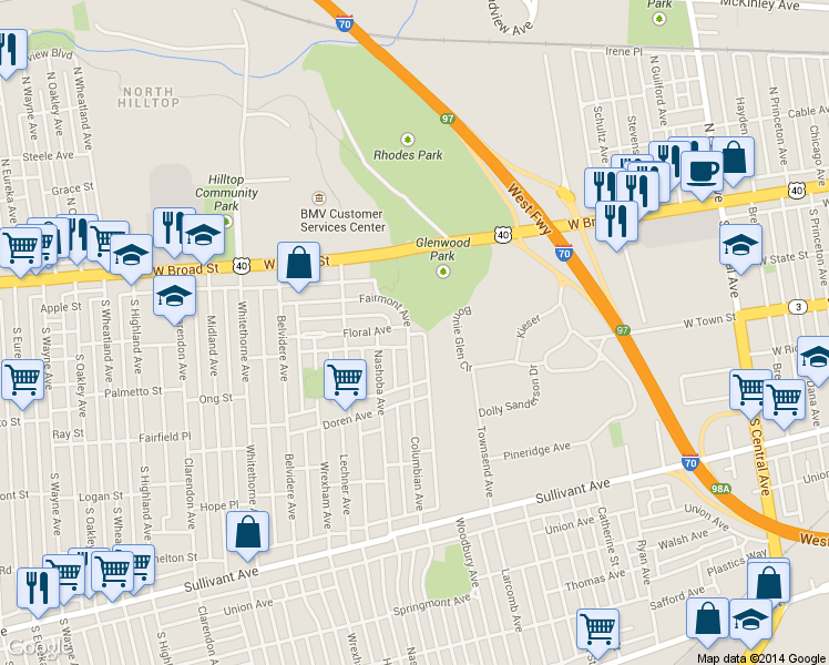 map of restaurants, bars, coffee shops, grocery stores, and more near 1889 Fairmont Avenue in Columbus