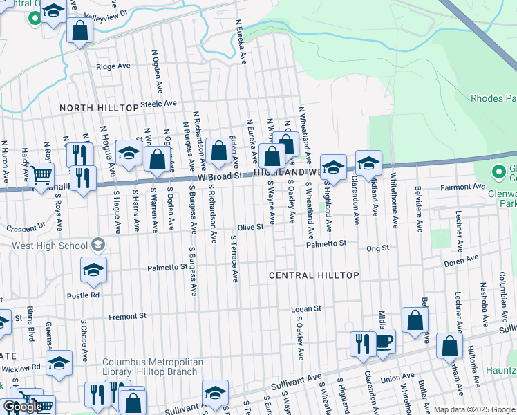 map of restaurants, bars, coffee shops, grocery stores, and more near 61 South Eureka Avenue in Columbus