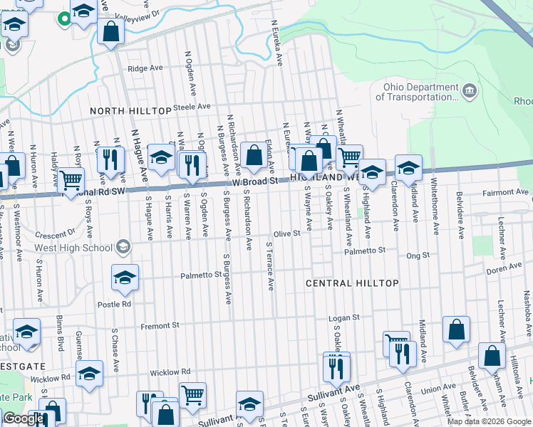 map of restaurants, bars, coffee shops, grocery stores, and more near 57 South Terrace Avenue in Columbus