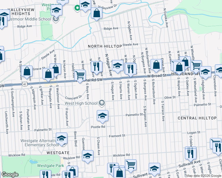 map of restaurants, bars, coffee shops, grocery stores, and more near 36-38 South Powell Avenue in Columbus