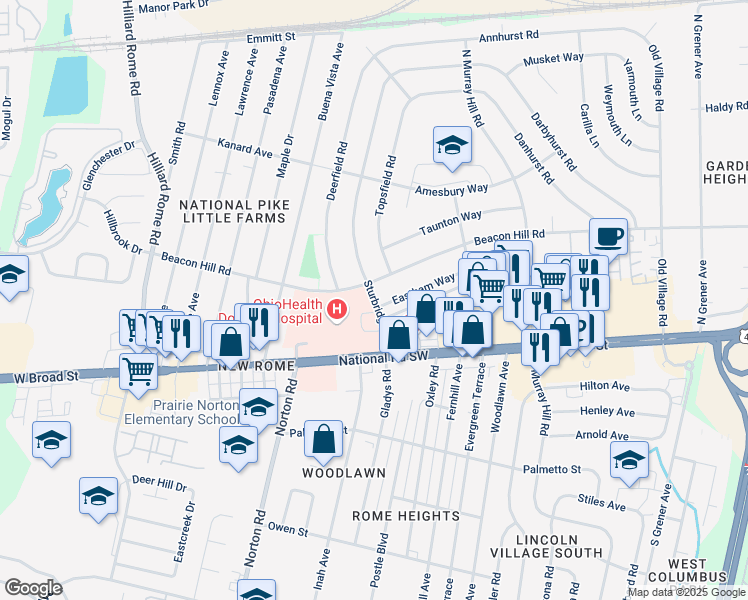 map of restaurants, bars, coffee shops, grocery stores, and more near 90 Sturbridge Road in Columbus