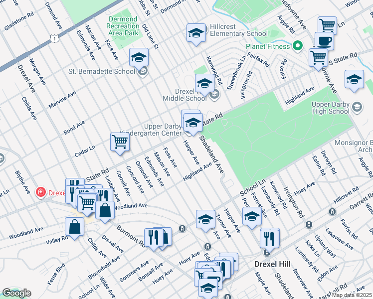 map of restaurants, bars, coffee shops, grocery stores, and more near 736 Harper Avenue in Drexel Hill
