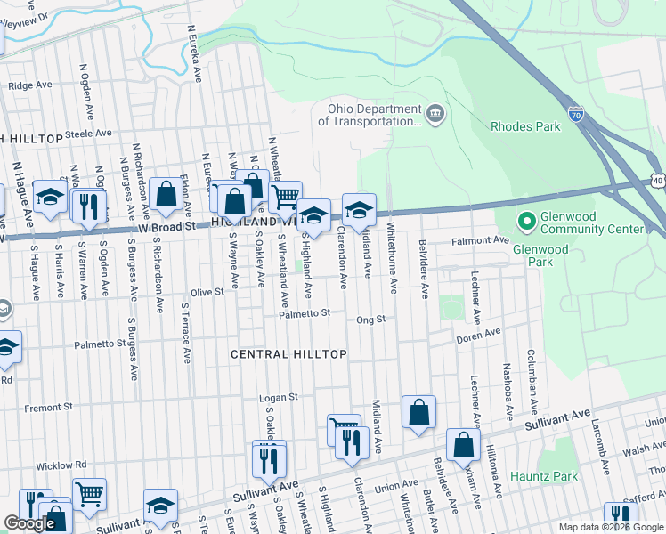 map of restaurants, bars, coffee shops, grocery stores, and more near 71 Clarendon Ave in Columbus