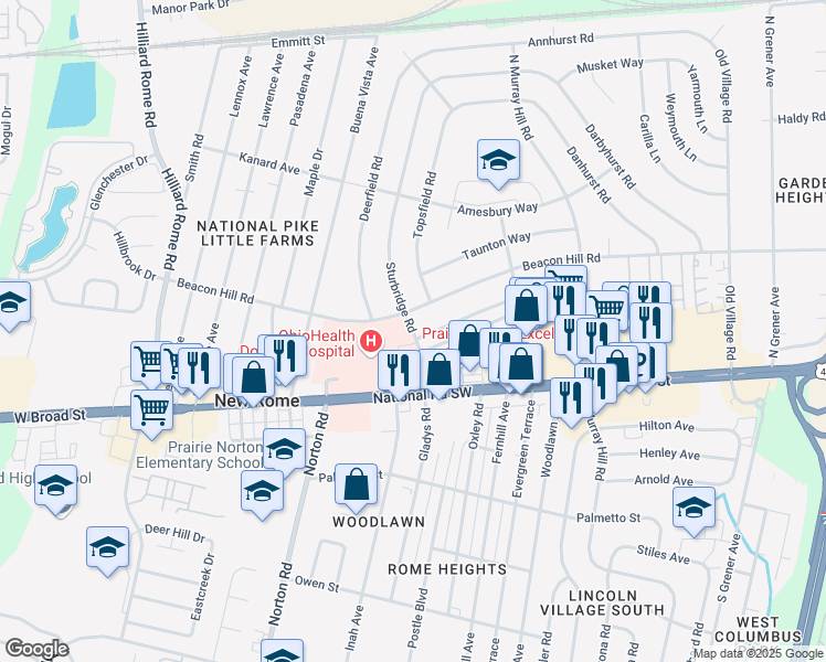map of restaurants, bars, coffee shops, grocery stores, and more near 90 Sturbridge Road in Columbus