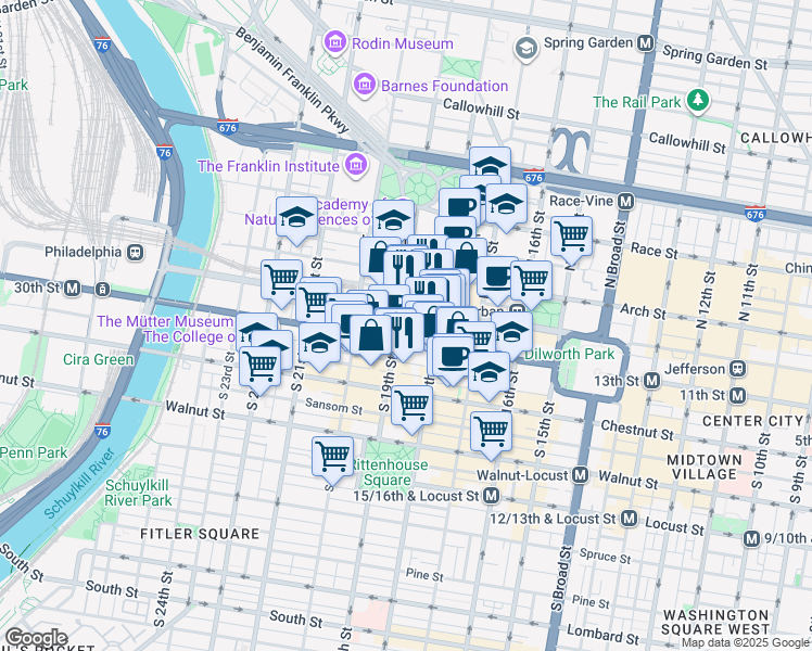 map of restaurants, bars, coffee shops, grocery stores, and more near 1835 Market Street in Philadelphia