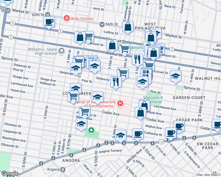map of restaurants, bars, coffee shops, grocery stores, and more near 5441 Osage Avenue in Philadelphia