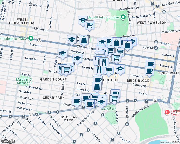 map of restaurants, bars, coffee shops, grocery stores, and more near 249 South 46th Street in Philadelphia