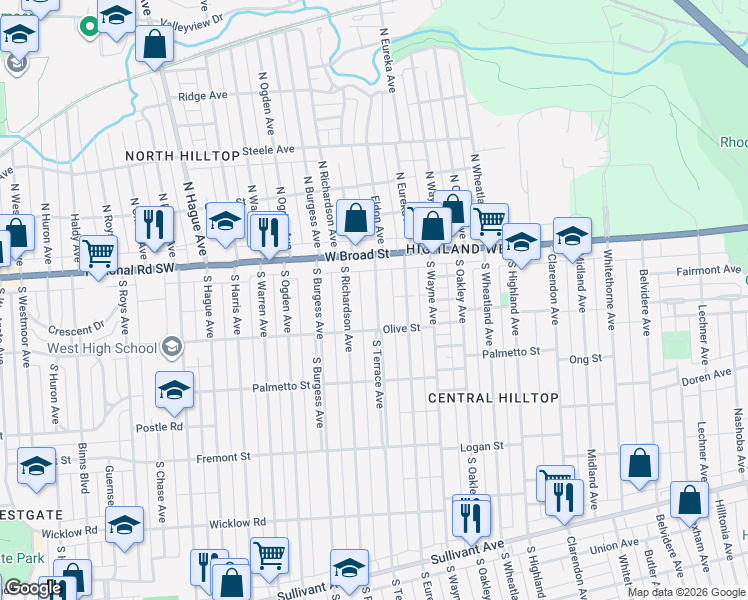 map of restaurants, bars, coffee shops, grocery stores, and more near 57 South Terrace Avenue in Columbus