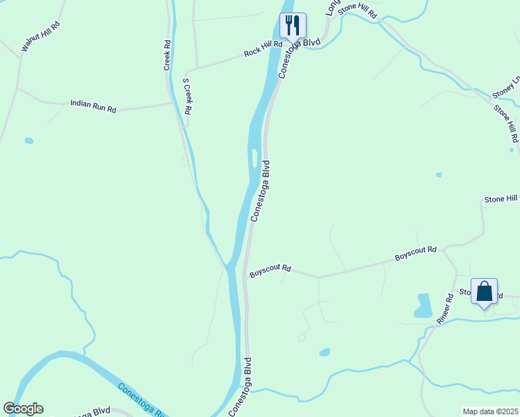 map of restaurants, bars, coffee shops, grocery stores, and more near 1025 Conestoga Boulevard in Conestoga