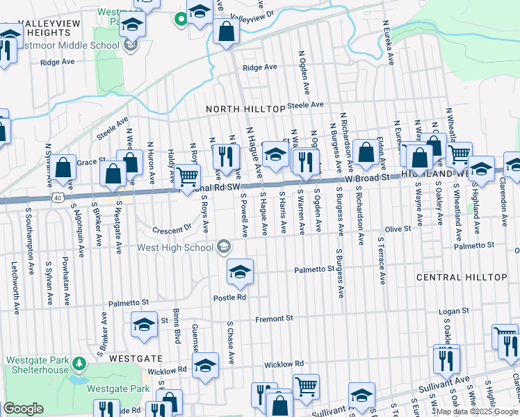 map of restaurants, bars, coffee shops, grocery stores, and more near 36-38 South Powell Avenue in Columbus