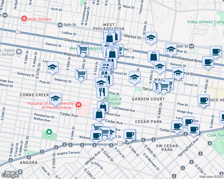 map of restaurants, bars, coffee shops, grocery stores, and more near 5130 Delancey Street in Philadelphia