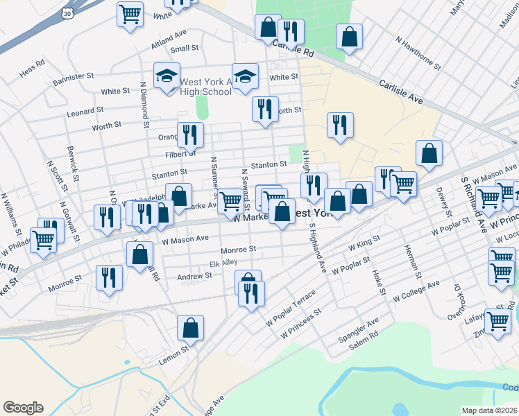 map of restaurants, bars, coffee shops, grocery stores, and more near 1551 West Market Street in West York