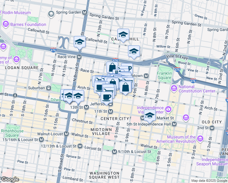 map of restaurants, bars, coffee shops, grocery stores, and more near 1027 Arch Street in Philadelphia