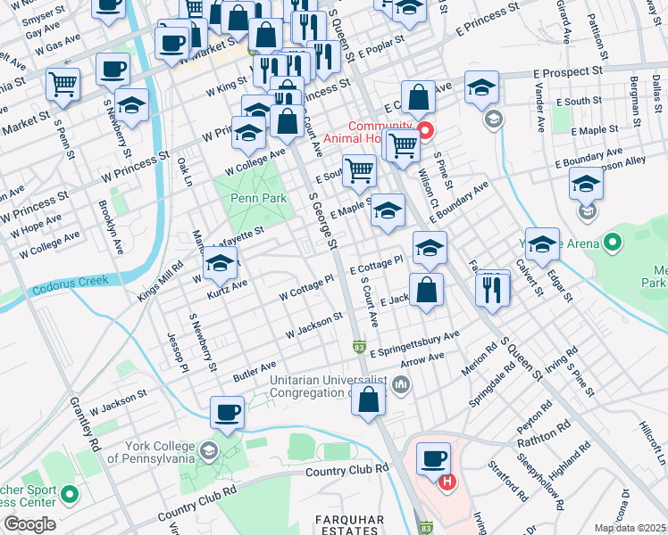 map of restaurants, bars, coffee shops, grocery stores, and more near 628 South George Street in York