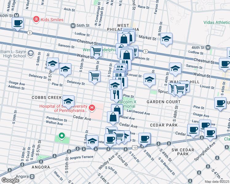 map of restaurants, bars, coffee shops, grocery stores, and more near 5225 Pine Street in Philadelphia